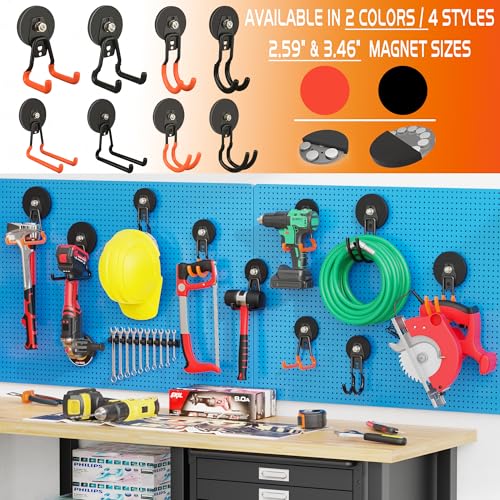 ULIBERMAGNET New Upgraded Heavy Duty Magnetic Garage Hooks,4 Pack Strong Large Magnet Hooks for Power Drill,Garden Tools,Hose,Pegboard,Garage, Workshop,Magnetic Storage Hook for Hanging(Orange) - style: V1 Pro 2.59INCH 4PACK Orange Medium Hooks
