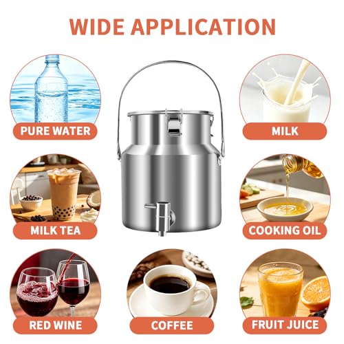 304 Stainless Steel Water Dispenser with Faucet, Thickened Milk Can with Handle, Sealing Ring and Instruction Manual, 5L Stainless Steel Water Jug for Milk, Water, Tea, Juice and Beverage Storage - size: 5L