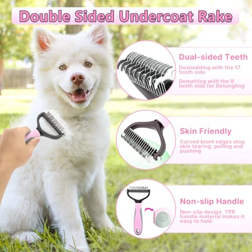 Dog Brush Grooming Kit 6PCS Dog Brush for Shedding-Dogs Brushes for Grooming, Dematting Comb for Dogs, Nail Clipper with Nail File, Flea Comb, Cat Bath Brush-Pink - color: Pink