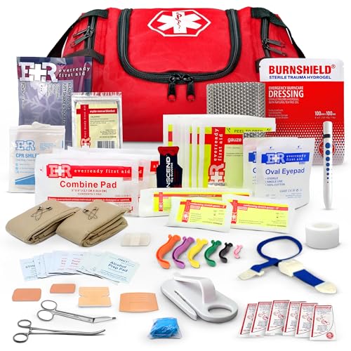 Fully Stocked Trauma First Aid Kit – First Responder II Bag with Tools, Gauze, Bandages, Scissors & Gloves – Compact & Portable – OSHA and ANSI Compliant – Red - color: Red