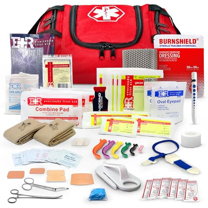 Fully Stocked Trauma First Aid Kit – First Responder II Bag with Tools, Gauze, Bandages, Scissors & Gloves – Compact & Portable – OSHA and ANSI Compliant – Red - color: Red