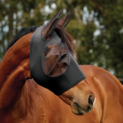 WeatherBeeta ComFiTec Deluxe Stretch Fly Mask with Ears, Black/Black, Medium - color: Black/Black, size: M