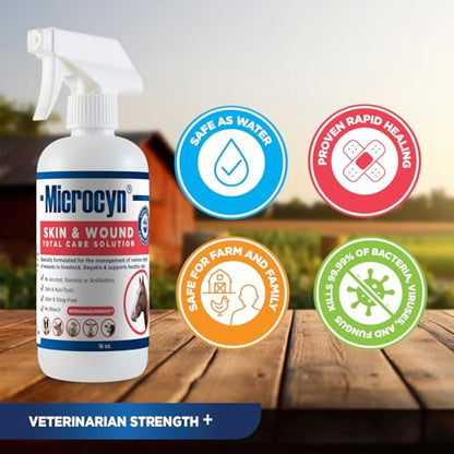 Microcyn Livestock Skin & Wound Care Solution – 16 oz HOCl-Based Cleansing Spray for Cuts, Scrapes & Irritated Skin – Professional Farm & Ranch Support for Cattle, Horses, Goats & Sheep