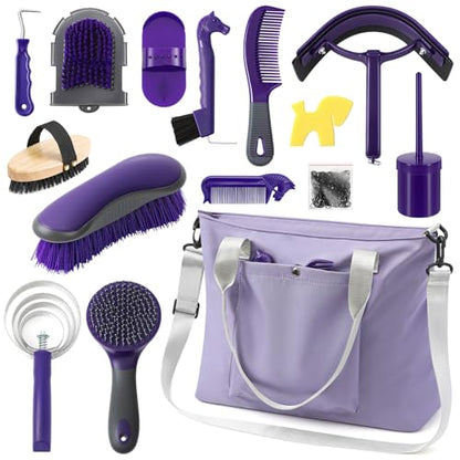 Abbylike 15 Pieces Horse Grooming Kit with Organizer Tote Bag Tack Room Supplies Horse Brush Sets Care Equine Cleaning Kit Shedding Grooming Massaging Tools(Purple and Grey) - color: Purple and Grey