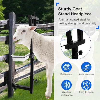 Adjustable Goat Stand Headpiece, Livestock Milking Stand Head Holder with Removable Feeding Tray, Goat Sheep Stand Accessories Head Fixing Frame for Trimming Shearing