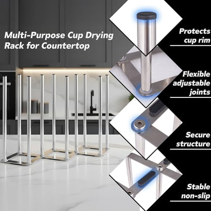 Water Bottle Drying Rack, Cup Drying Rack for Counter, Stainless Steel Tumbler Dryer Stand, Space-Saving Mug & Glass Drying Rack, Heavy-Duty Holder for Cups & Water Bottles (Silver – 10 Pegs) - color: Sliver – 10 Pegs