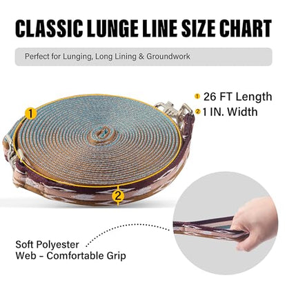 26FT Horse & Dog Training Leash - Lunge Line with 360° Swivel Snaps - color: Burgundy/Pink/Brown