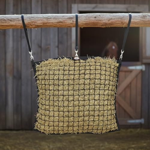 XL Knotless Slow Feed Hay Net – 48"x30", 2" Openings, Soft on Muzzles, with 3 Adjustable Straps for Fence or Stall Hanging