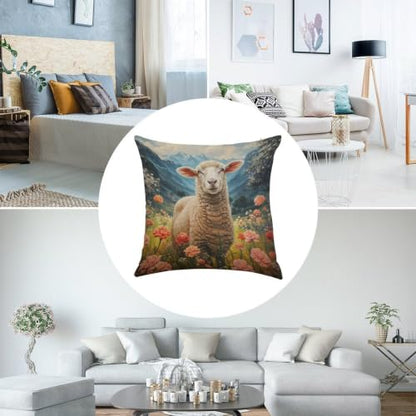 Sheep Among The Flowers Throw Pillow Covers 18"x18" - size: 18" x 18" (Pack of 1)