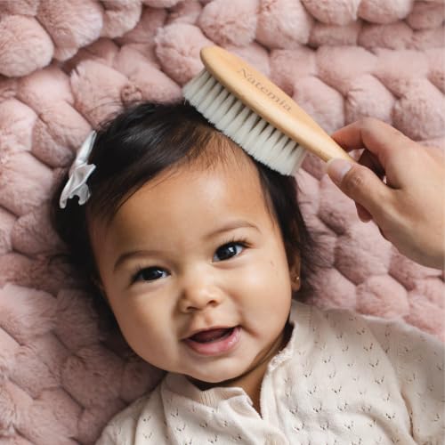 Natemia Wooden Baby Hair Brush & Comb Set - Natural Goat Hair Bristles & Soft Bristle Brush - Gentle Scalp Massage & Cradle Cap Comb - For Newborns & Toddlers, Baby Grooming Kit - size: 3 PC Set, Oval