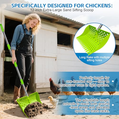 2-in-1 Chicken Poop Scooper & Rake, 20–61" Extendable Handle