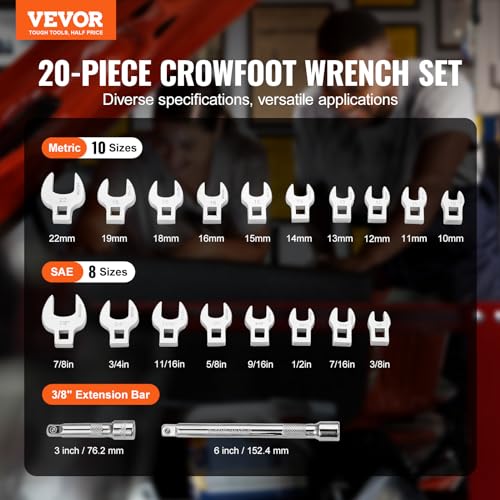 VEVOR Crowfoot Wrench Set, 3/8" Drive 20-Piece Crows Foot Wrench Set with 2 Extension Bars and EVA Tool Organizer,40CR Material with Mirror Chrome Finish, SAE 3/8"-7/8" and Metric 10-22 mm - size: 3/8" 20 PCS