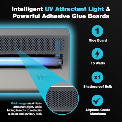 Catchmaster Vector 15 Silver Wall-Mounted UV Fly Light Trap - 800 sq. ft. Catch Zone, Fly Trap for Bar & Food Storage Areas and Retail & Office Spaces, Electric UV Lamp Insect & Mosquito Killer - style: 15W Silver