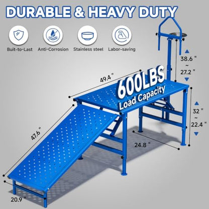 Goat Milking Stand with Ramp, 600LBS Foldable Livestock Trimming Platform, Metal Grooming Stand with Adjustable Headpiece & Stainless Steel Feeder for Nubian & Dwarf Goats