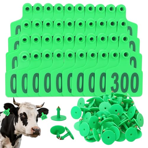 300Pcs Cattle Ear Tags 001-300 Numbered Large Plastic Livestock Ear Tags Animal Identification Tags for Cattle Goat Sheep Pig Cow, Farm Management Tools (Green)