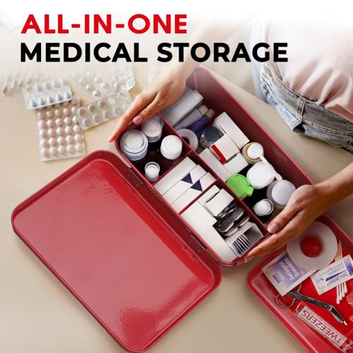 Plexon 8.5" Metal First Aid Box Empty, Medicine Storage Bin with Lid, Emergency Supplies Organizer, Portable First Aid Kit Case, Red - color: Red