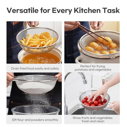 8″ Stainless Steel Fine Mesh Strainer with Feet – Standing Colander with Handle for Strain, Sift, Drain & Rinse Vegetables, Fruits & Pasta