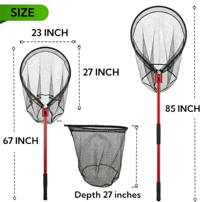 High Strength Heavy Duty Extra Large Aluminum Landing Net - Telescoping Handle (67-85inch), 27in Net Opening for Saltwater Fishing, Boat, Pier, River Angling