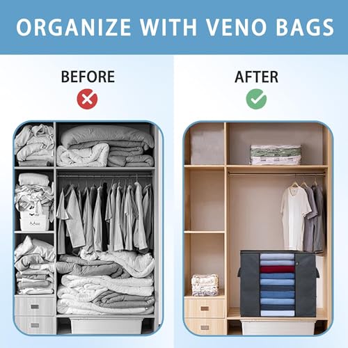VENO 3 Pack Large Clothes Storage Bag w/Reinforced Handle 16 Gallon | Thick Container Bins Organizer for Blankets, Comforters, Bedding, Foldable w/ Sturdy Zipper, Clear Window(Tall 16.3 Gallon) - size: Tall, 16.3 Gallon, Set of 3