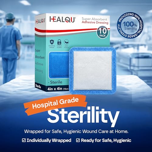 HEALQU Super Absorbent Adhesive Dressing 4x4 (10 Pack) - Sterile Self-Adhesive Island Dressing Pad with High-Capacity SAP Core - Breathable Bordered Gauze for High Exudate, Surgical Wounds, & Ulcers