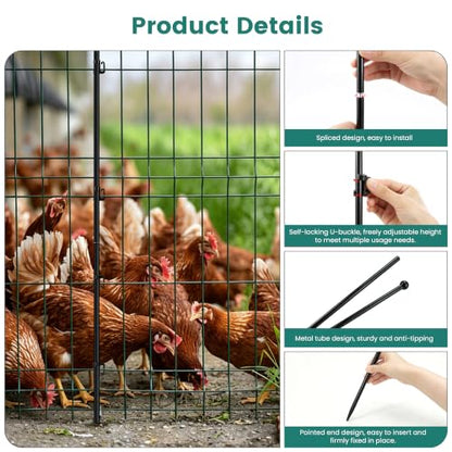 4FT Metal Fence Posts 10 Pack, Garden Lawn Wire Fencing Stakes | Easy Setup, Adjustable U-Clips & Segmented Structure Fit All Wire Fences Spray Coated to Resist Rust and Water