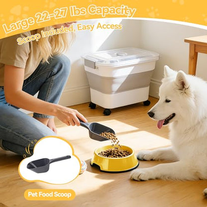 Dog Food Storage Container 25-30lbs, Airtight Pet Food Bin with Transparent Lid, Collapsible Design with Rolling Wheels & Scoop, Space-Saving, Light Gray - color: Light Gray-M