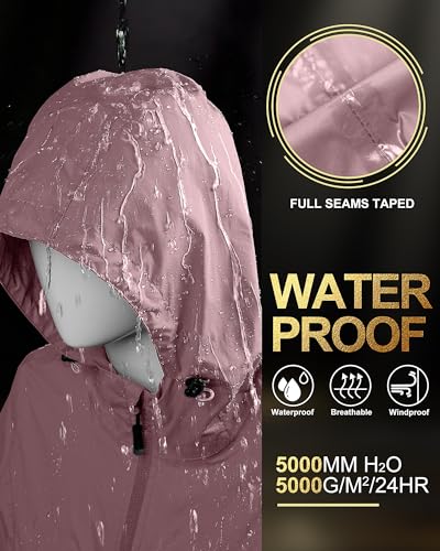 33,000ft Women's Waterproof Long Rain Coats Packable Rain Jacket with Hood - color: Dry Rose, size: X-Large