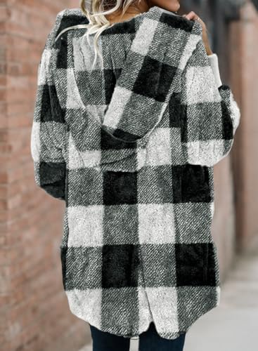Dokotoo Womens 2025 Winter Long Sleeve Solid Fuzzy Fleece Open Front Hooded Cardigans Jacket Coats Outerwear with Pocket - color: A Plaid Black 2, size: Medium