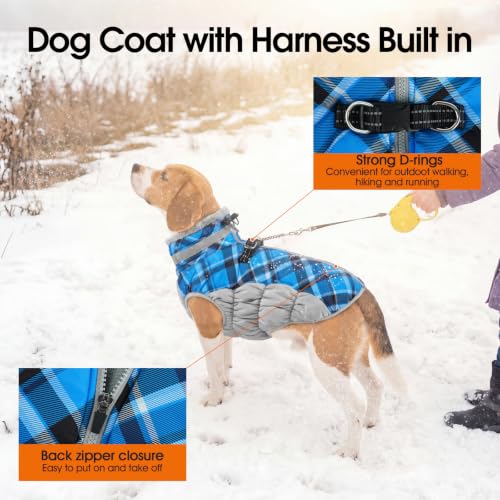 Lelepet Dog Winter Coat Waterproof Small Dog Coat with Harness Built in - color: Blue Plaid, size: X-Small