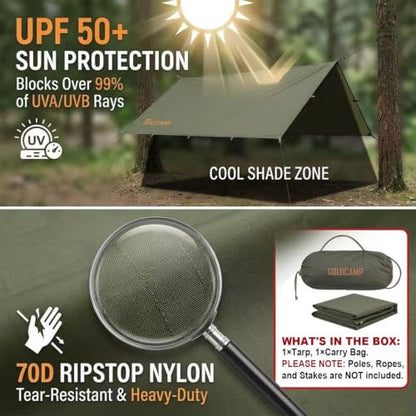 GOLDCAMP Bushcraft Emergency Camping Tarp，70D Nylon 10X13.2FT Hammock Rain Fly ，UV 50+ and PU15000mm Tent Tarp Shelter Canopy，Heavy Duty Multifunctional Sun Shade Essentials for Hiking (10X13.2ft) - size: 10X13.2FT