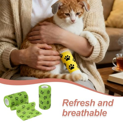 Pet Wrap Bandages, 4 Inch 5 Yard Self Adhesive Bandage Wrap, Pet Non-Woven Tape First Aid Cohesive Gauze, (Grass Green/Paw, 2 Pcs), Intended for Dog/Cat/Bird/Legs/Paws/Wound - color: Grass Green, size: 4 inch
