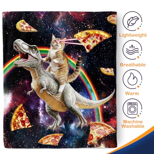 Aimego Funny Cat Blanket Gifts for Men Women Kids Cool Cat Riding Dinosaur on Fantasy Galaxy Cozy Travel Bed Couch Plush Boys Girls Birthday Christmas Lightweight Blanket 60"x80" - color: Funny Cat, size: 60"x80"