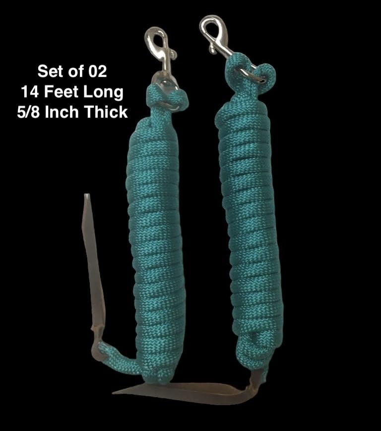 Majestic Ally 14' Pack of 2 Poly Training Lead Rope with Leather Popper for Horses & Livestock – 14 Foot Long and 5/8 inch Thick - Replaceable Heavy-Duty Bolt Snap (Turquoise) - color: Turquoise