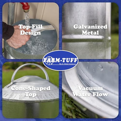 FARM-TUFF Galvanized Poultry Waterer, 5 Gallon Capacity - Double-Wall Poultry Fountain with Cone Top - Automatic Gravity-Fed Water Dispenser for Chickens, Ducks & Game Birds - size: 5 Gallon Capacity