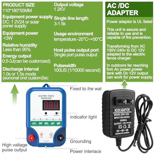 MorningRo 10 Mile Electric Fence Kit for Livestock, 3 Joule 12KV Fence Charger with LED Display, 3366 ft 9-Strand Polywire, 60 Insulators & Ground Rods, AC/DC Fencing System for Horse Cattle Pasture