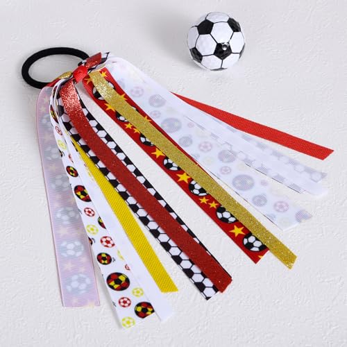 Soccer Ponytail Streamer Cheer Ribbons Hair Elastics Ties Glitter Red Yellow Sports Bow Pony Holder for Girls Women Cheerleaders, Soccer Moms, Players Game Day Accessory Birthday Gift - color: Soccer-S