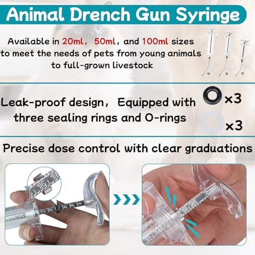 3 Pcs Reusable Drench Gun Syringe, 20ml/50ml/100ml, for Pet & Livestock