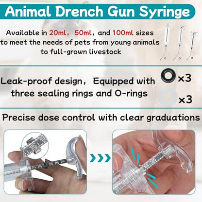 3 Pcs Reusable Drench Gun Syringe, 20ml/50ml/100ml, for Pet & Livestock