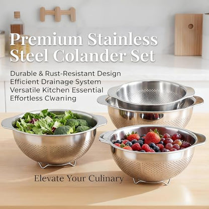 Stainless Steel Colander for Kitchen with Handle for Pasta (5QT) - size: 5QT