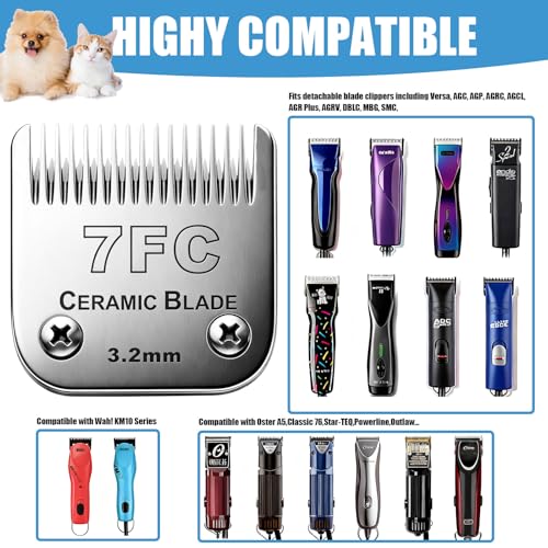 Dog Grooming Replacement Blades Compatible with Andis Dog Clipper, Dog Clipper Blades Compatible with Oster A5,Wahl KM-10 Series Dog Clipper,7FC Blades (3.2mm) - size: 7FC