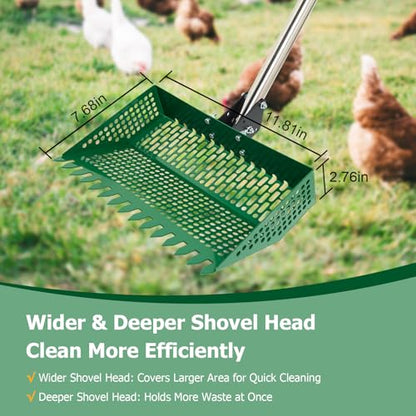 2-in-1 Metal Chicken Coop Pooper Scooper&Rake with 175CM Adjustable Handle | 12inch Green Chicken Litter Scoop for Coop Sand & Pet Farm Animal Waste, Durable Litter Sifting Shovel with Detachable Handle