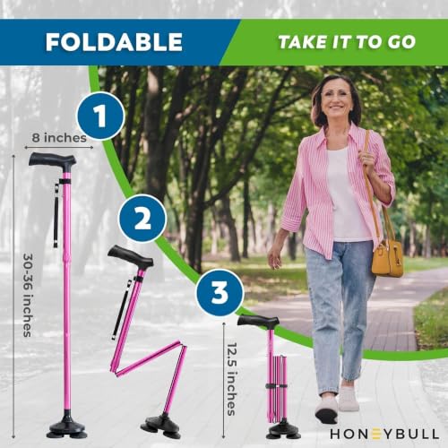 HONEYBULL Walking Cane for Men & Women, Foldable Free Standing Cane | Adjustable Height, Collapsible Design, Heavy-Duty, Pivot Base for Stable Support, Ergonomic Handle - color: Pink