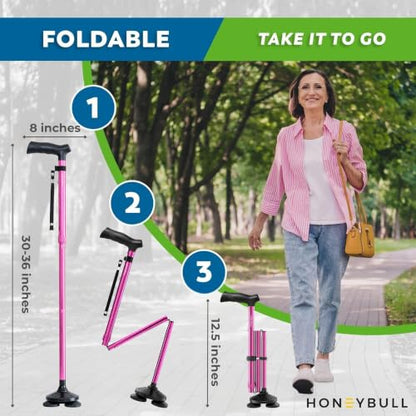 HONEYBULL Walking Cane for Men & Women, Foldable Free Standing Cane - color: Pink