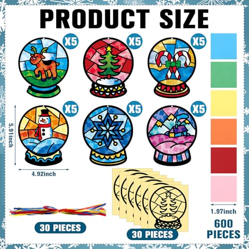 AmazingSpark 30 Pcs Rainforest Suncatchers Craft Snow Globe DIY Kits | Stained Glass Tissue Paper Effect, Snowman Reindeer Tree, Bulk Kids Classroom VBS Activities Party Favor Decorations - style: Snow Globe