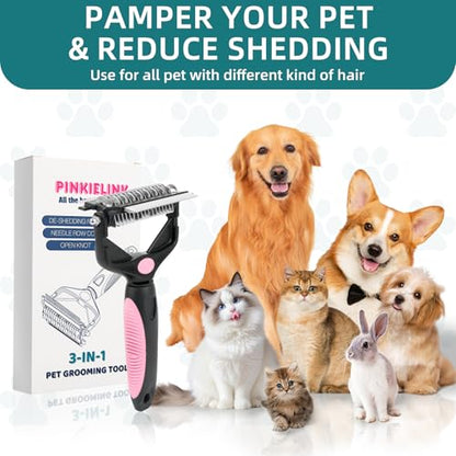 3-IN-1 Pet Grooming Tool - Undercoat Rake, Dematting Comb & Deshedding Brush for Cats, Dogs, Horses - Removes Mats, Tangles & Loose Fur, Reduces Shedding & Prevents Hair Mess (Pink) - color: Pink