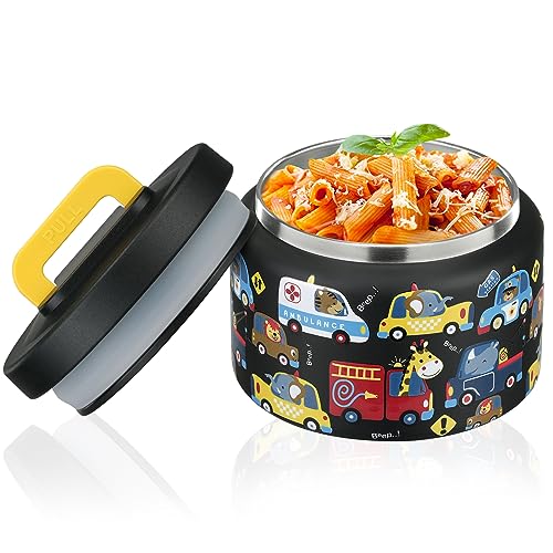 PIQUEBAR 8oz Kids Thermo for Hot Food,Small Lunch Thermo Food Container Stainless Steel,Easy Open Wide Mouth Thermo for Hot Cold Food for Preschool Travel - color: Black Animal Truck