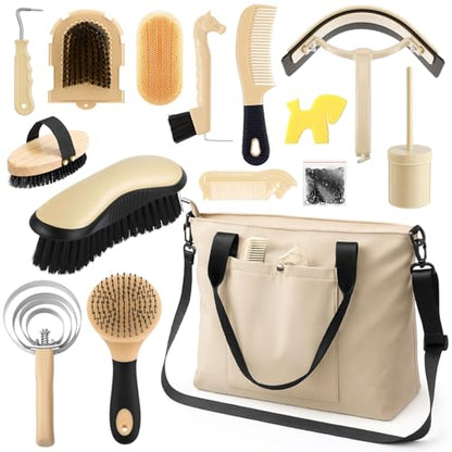 Abbylike 15 Pieces Horse Grooming Kit with Organizer Tote Bag Tack Room Supplies Horse Brush Sets Care Equine Cleaning Kit Shedding Grooming Massaging Tools (Beige) - color: Beige