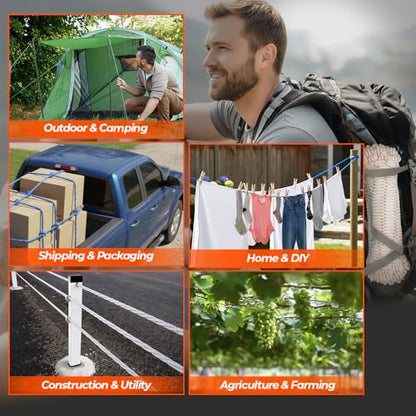 1133lbs Heavy Duty Polyester Double Braided Rope, White, 3/16in X 100FT - color: White/Orange, size: 3/16in X 100FT