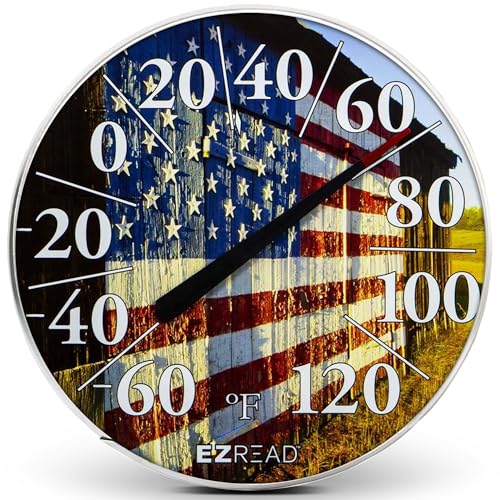 EZREAD Hanging Dial Thermometer 840-1232 Weather Thermometers for Indoor and Outdoor Use, Large 12.5 Inch Diameter, Easy to Read Numbers, American Flag on Barn - color: USA Barn