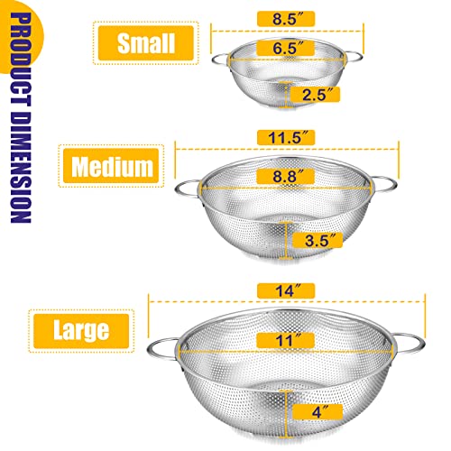 E-far Stainless Steel Colander Set of 3 (1-3-5Quart), Micro-Perforated Metal Colander Strainer with Handle for Kitchen/Draining Pasta/Rinsing Vegetables Fruits, Heavy Duty & Dishwasher Safe - size: 1 + 3 + 5 QT